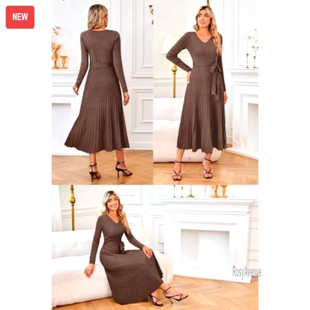 Wool Blend Tie Waist Pleated Sweater Dress, V-Neck Long Sleeve, Fall Winter - Picture 3 of 8
